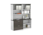 Uniform Small 2 Filing Drawer and Open Storage Unit with Open Hutch - White, dark oak, white handle