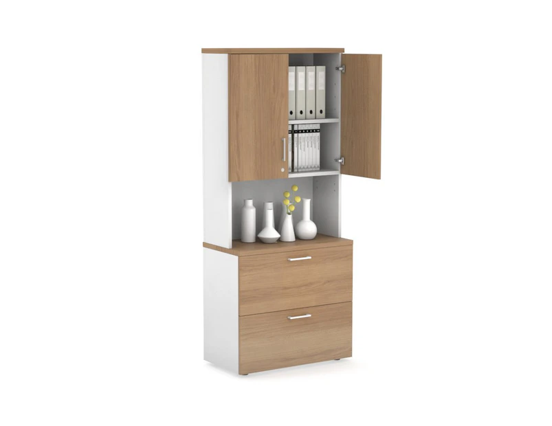 Uniform Small Drawer Lateral Filing Cabinet - Hutch with Doors [ 800W x 750H x 450D] - White, salvage oak, white handle