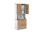 Uniform Small Drawer Lateral Filing Cabinet - Hutch with Doors [ 800W x 750H x 450D] - White, salvage oak, black handle
