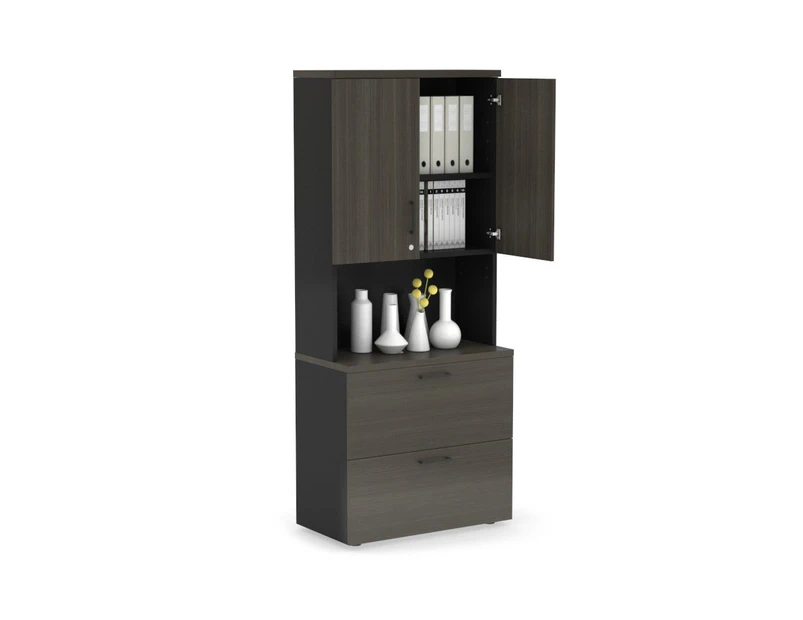 Uniform Small Drawer Lateral Filing Cabinet - Hutch with Doors [ 800W x 750H x 450D] - Black, dark oak, black handle