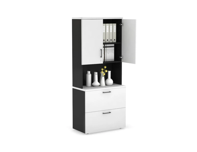 Uniform Small Drawer Lateral Filing Cabinet - Hutch with Doors [ 800W x 750H x 450D] - Black, white, black handle