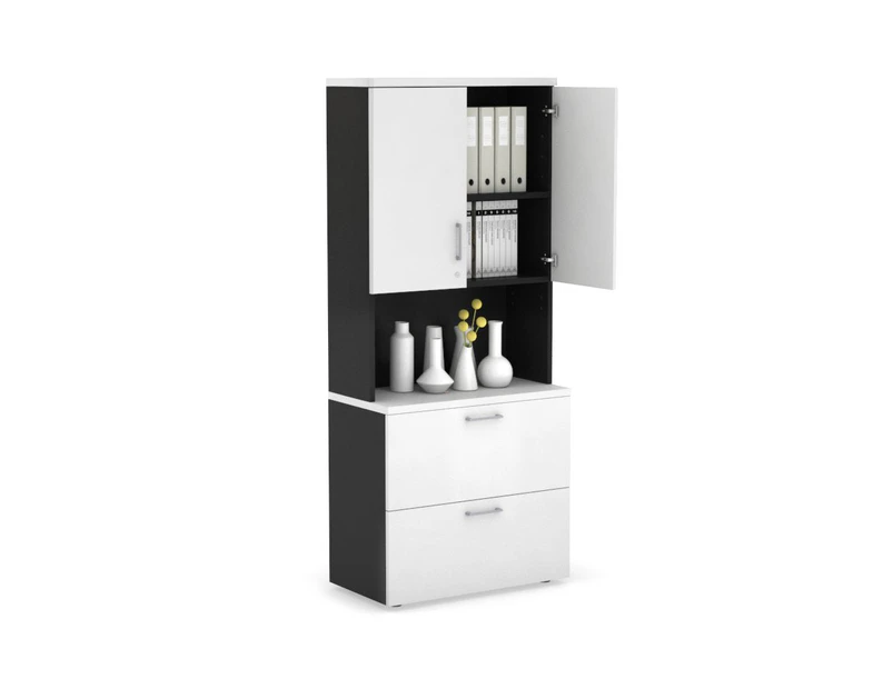Uniform Small Drawer Lateral Filing Cabinet - Hutch with Doors [ 800W x 750H x 450D] - Black, white, silver handle