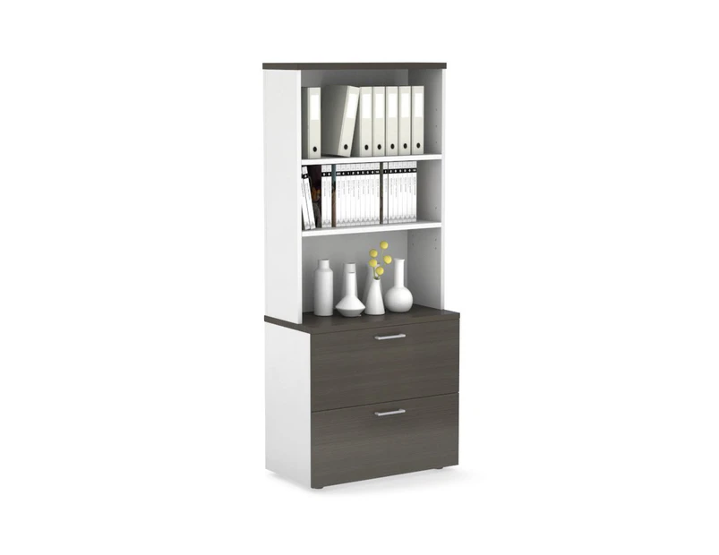 Uniform Small Drawer Lateral Filing Cabinet with Open Hutch [ 800W x 750H x 450D] - White, dark oak, silver handle