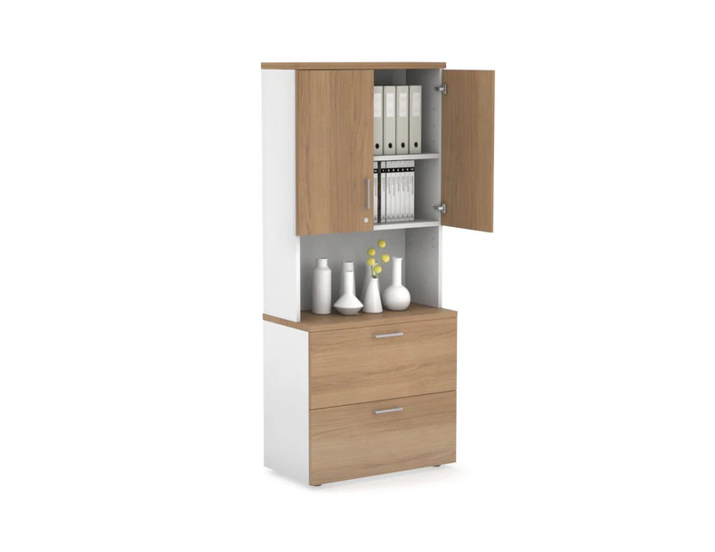 Uniform Small Drawer Lateral Filing Cabinet - Hutch with Doors [ 800W x 750H x 450D] - White, salvage oak, silver handle
