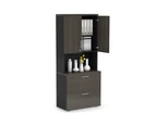 Uniform Small Drawer Lateral Filing Cabinet - Hutch with Doors [ 800W x 750H x 450D] - Black, dark oak, silver handle