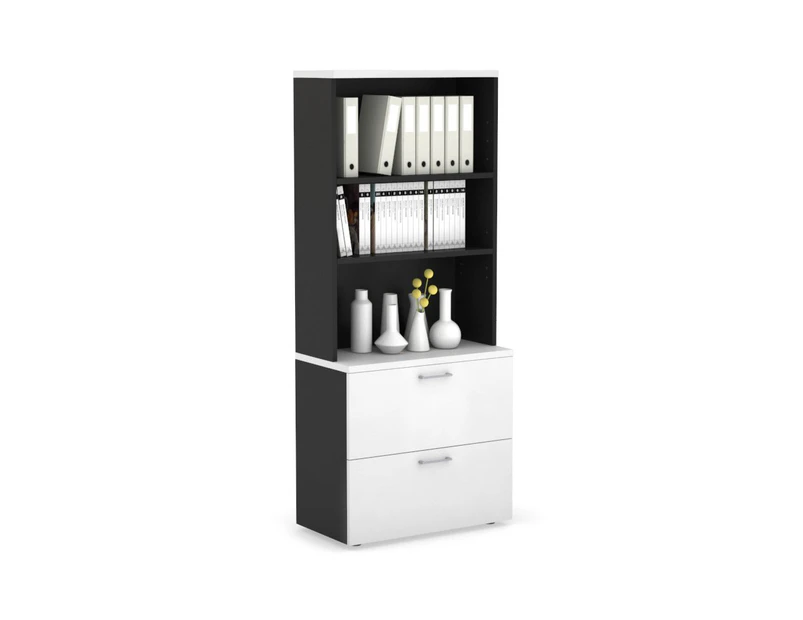 Uniform Small Drawer Lateral Filing Cabinet with Open Hutch [ 800W x 750H x 450D] - Black, white, silver handle