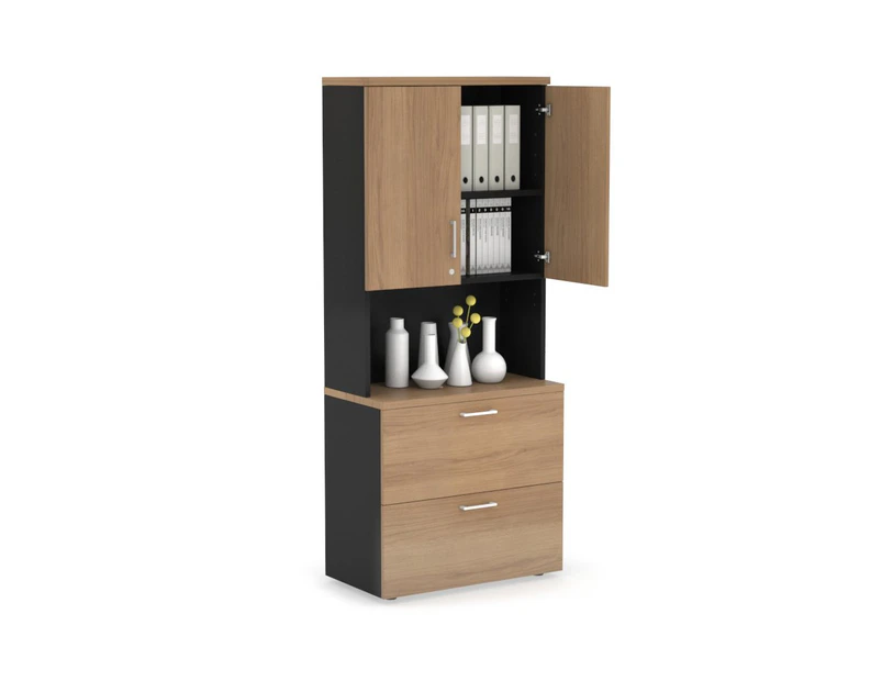 Uniform Small Drawer Lateral Filing Cabinet - Hutch with Doors [ 800W x 750H x 450D] - Black, salvage oak, white handle