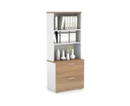 Uniform Small Drawer Lateral Filing Cabinet with Open Hutch [ 800W x 750H x 450D] - White, salvage oak, white handle