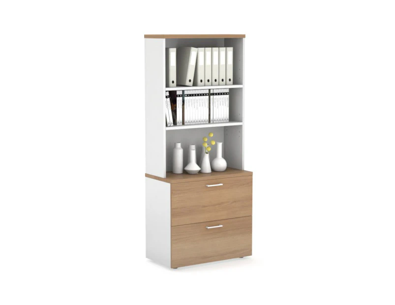 Uniform Small Drawer Lateral Filing Cabinet with Open Hutch [ 800W x 750H x 450D] - White, salvage oak, white handle