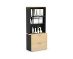 Uniform Small Drawer Lateral Filing Cabinet with Open Hutch [ 800W x 750H x 450D] - Black, maple, silver handle