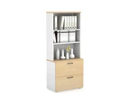Uniform Small Drawer Lateral Filing Cabinet with Open Hutch [ 800W x 750H x 450D] - White, maple, black handle