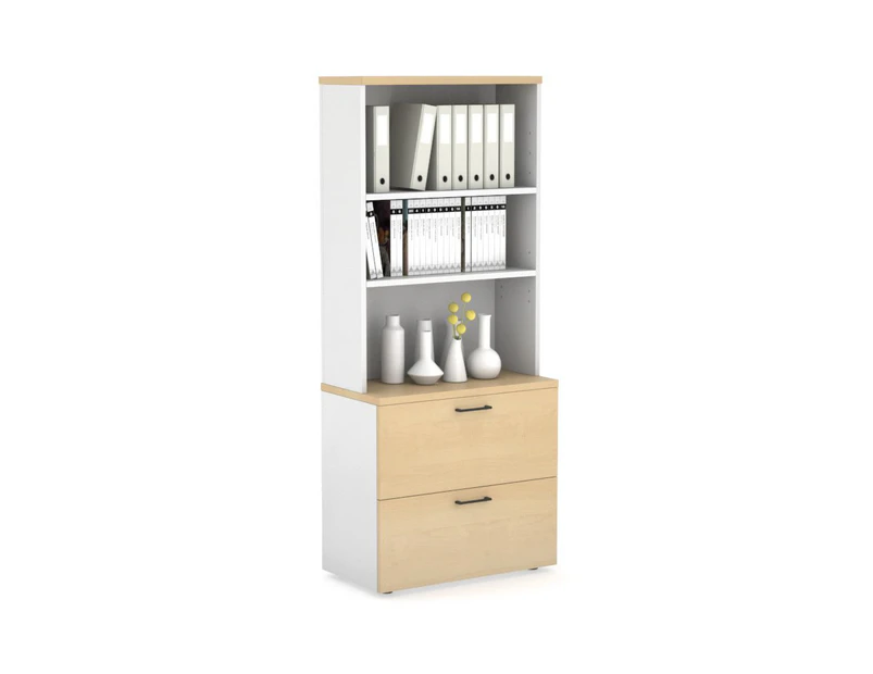 Uniform Small Drawer Lateral Filing Cabinet with Open Hutch [ 800W x 750H x 450D] - White, maple, black handle