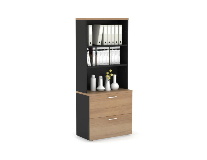 Uniform Small Drawer Lateral Filing Cabinet with Open Hutch [ 800W x 750H x 450D] - Black, salvage oak, white handle