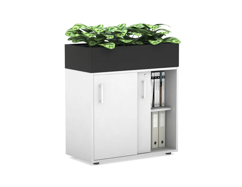 Uniform Credenza + Planter Box [800W x 975H x 428D] - White, black, white handle
