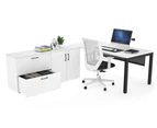 Quadro Square Executive Setting - Black Frame [1800L x 700W] - white, black modesty, 2 drawer 2 door filing cabinet