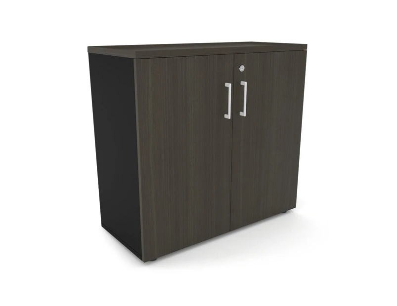 Uniform Small Storage Cupboard [800W x 750H x 350D] - Black, dark oak, white handle