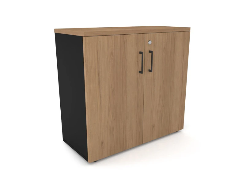 Uniform Small Storage Cupboard [800W x 750H x 350D] - Black, salvage oak, black handle