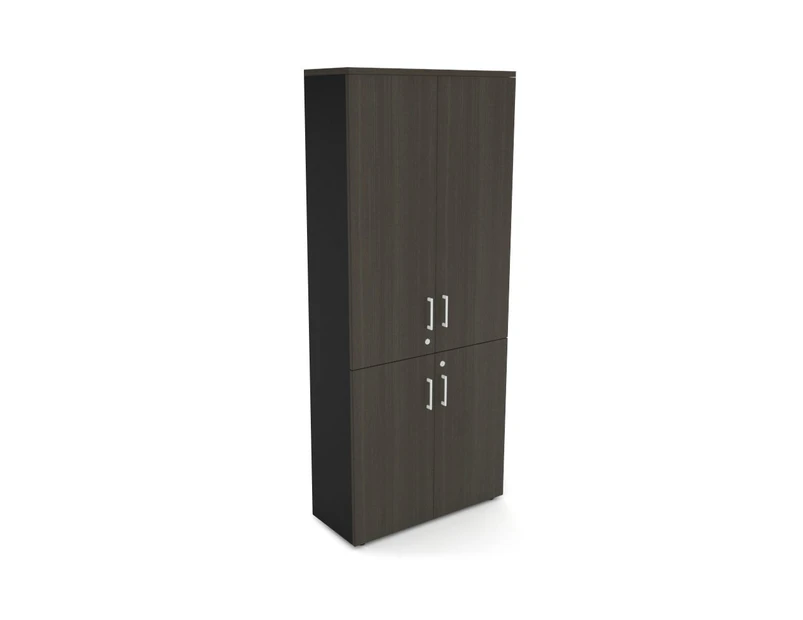 Uniform Large Storage Cupboard with Small & Medium Doors [800W x 1870H x 350D] - Black, dark oak, white handle