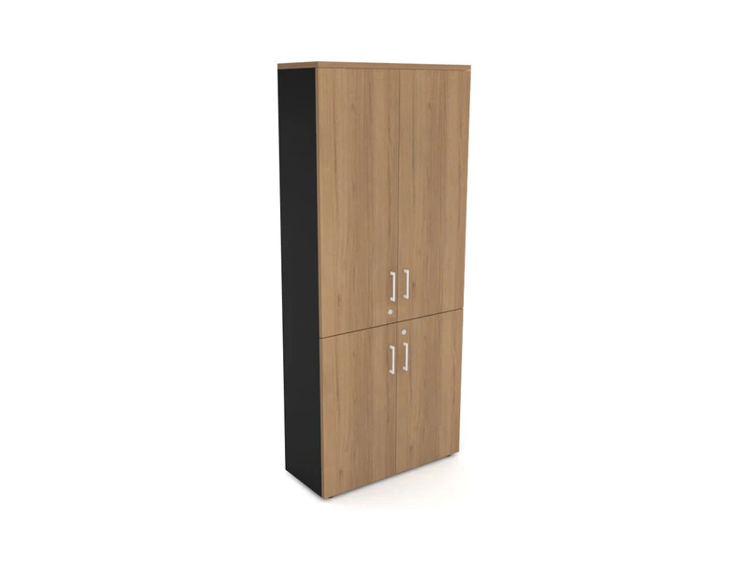 Uniform Large Storage Cupboard with Small & Medium Doors [800W x 1870H x 350D] - Black, salvage oak, white handle