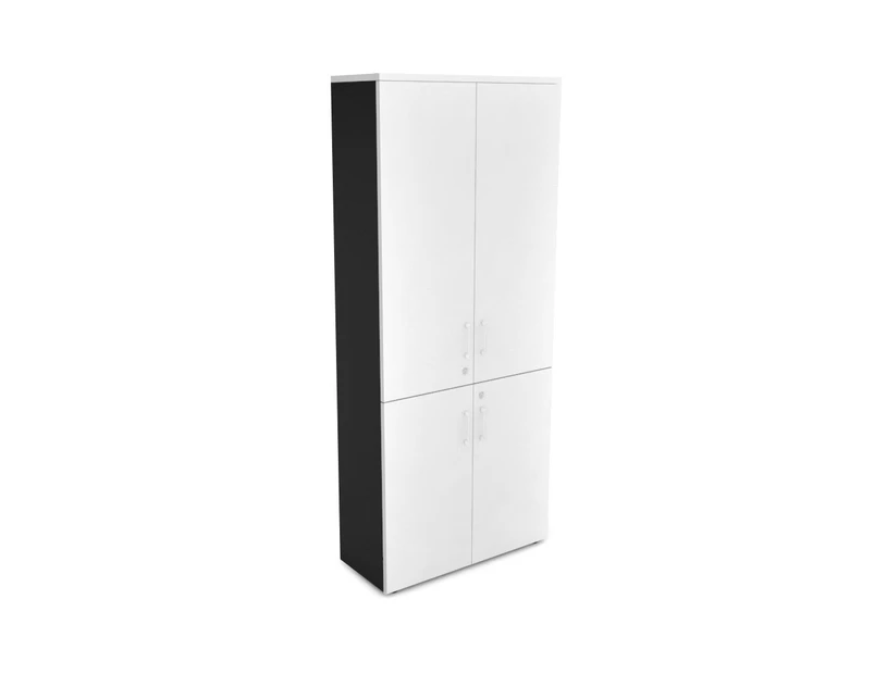 Uniform Large Storage Cupboard with Small & Medium Doors [800W x 1870H x 350D] - Black, white, white handle