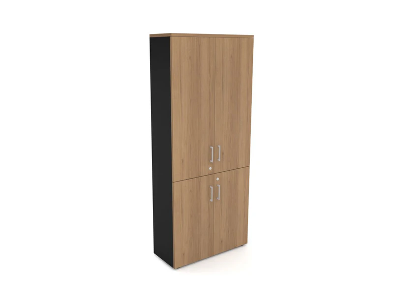 Uniform Large Storage Cupboard with Small & Medium Doors [800W x 1870H x 350D] - Black, salvage oak, silver handle