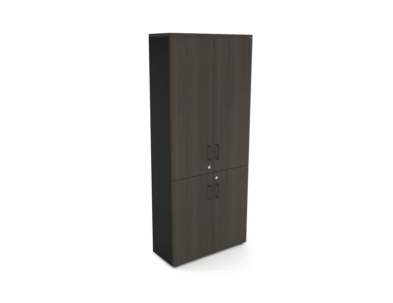 Uniform Large Storage Cupboard with Small & Medium Doors [800W x 1870H x 350D] - Black, dark oak, black handle