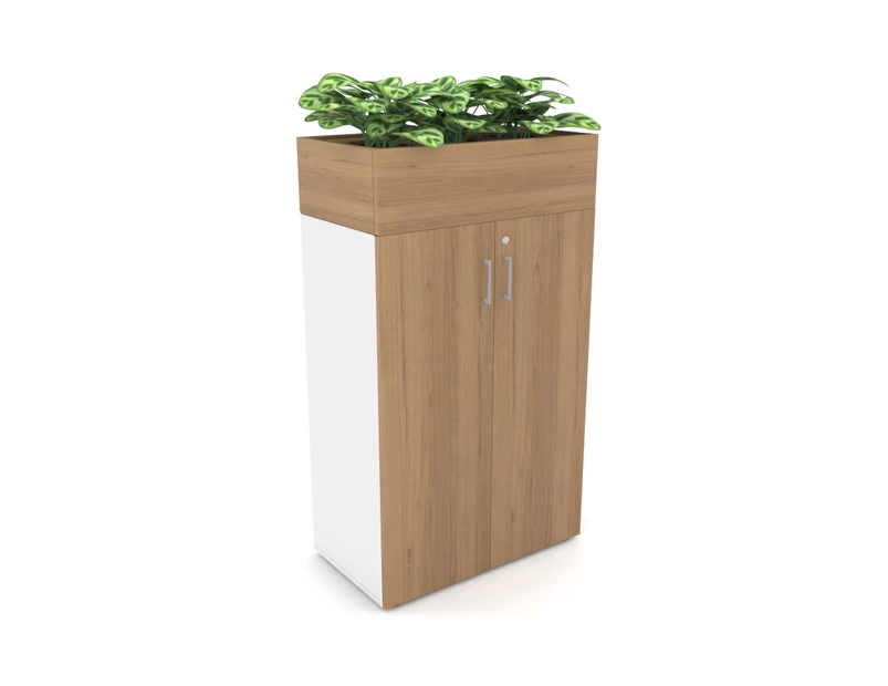 Uniform Medium Storage + Planter Box [800W x 1395H x 428D] - White, salvage oak, silver handle