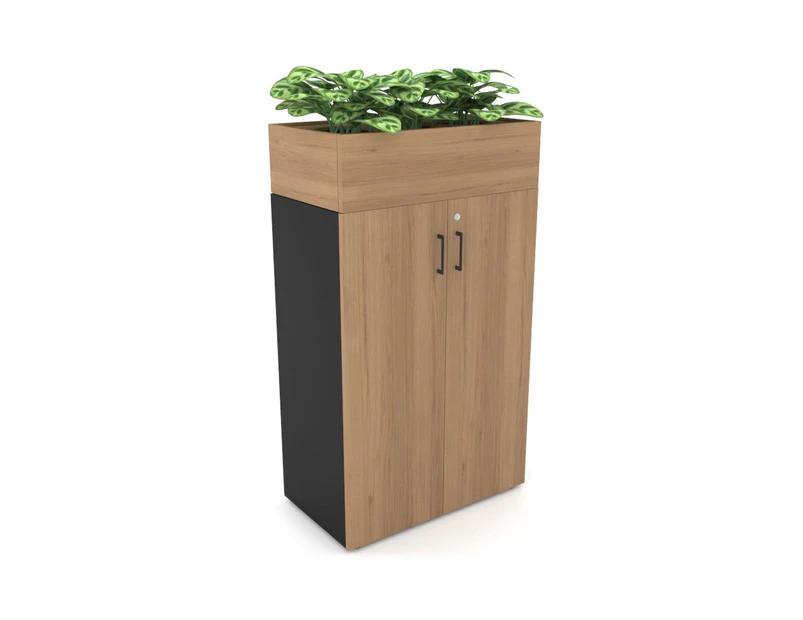 Uniform Medium Storage + Planter Box [800W x 1395H x 428D] - Black, salvage oak, black handle