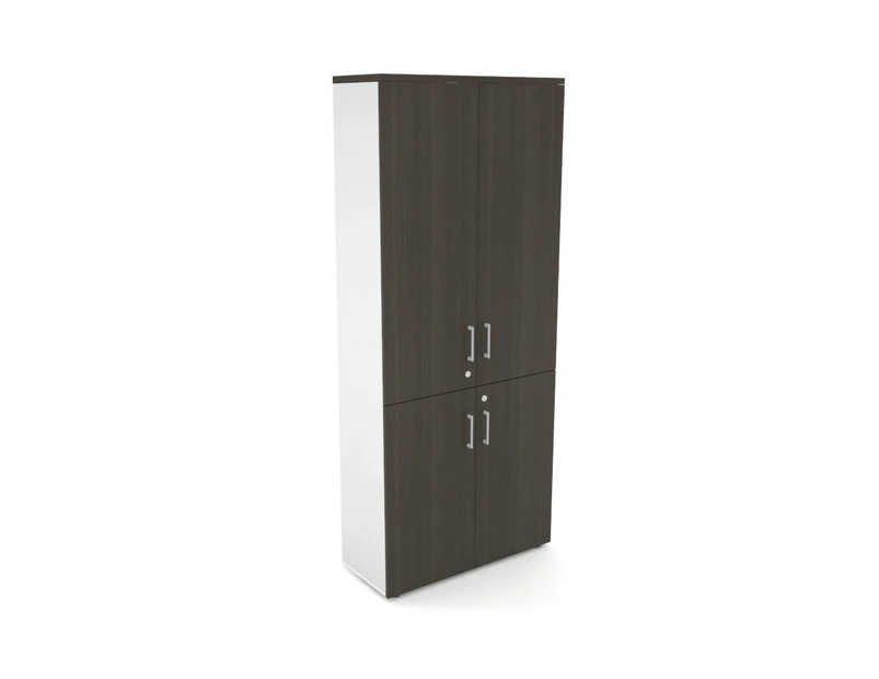 Uniform Large Storage Cupboard with Small & Medium Doors [800W x 1870H x 350D] - White, dark oak, silver handle