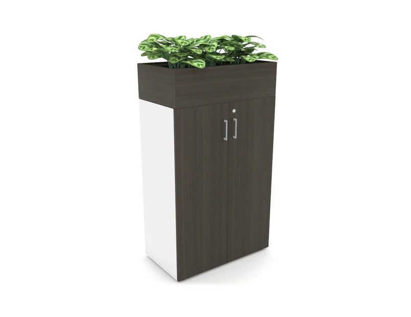 Uniform Medium Storage + Planter Box [800W x 1395H x 428D] - White, dark oak, silver handle
