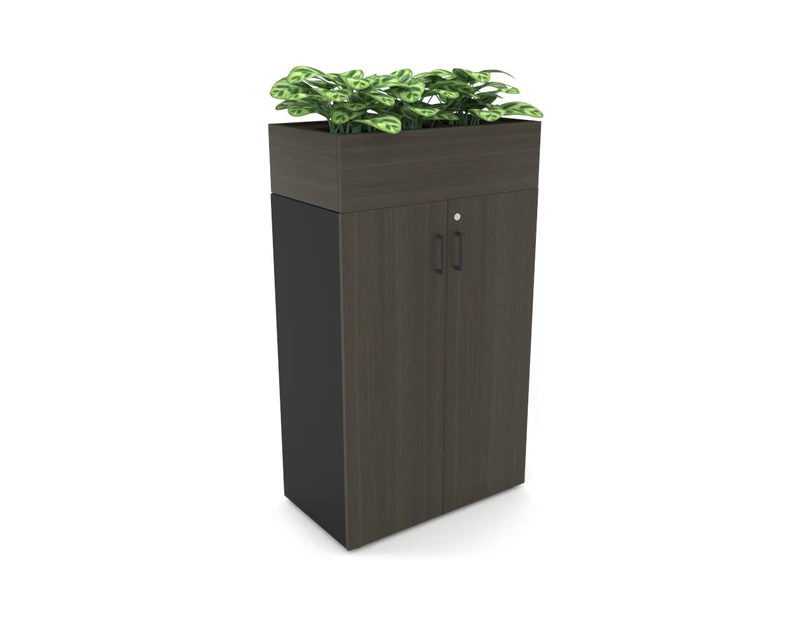 Uniform Medium Storage + Planter Box [800W x 1395H x 428D] - Black, dark oak, black handle