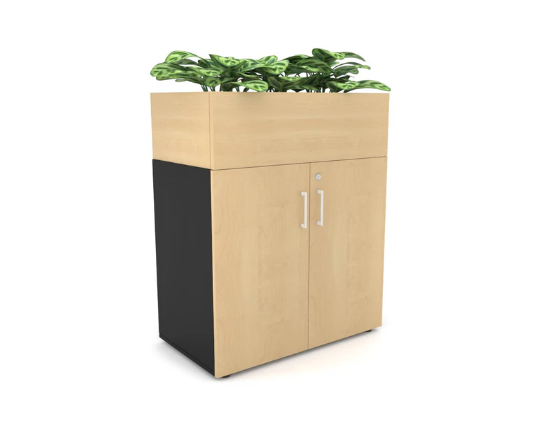 Uniform Small Storage + Planter Box [800W x 975H x 428D] - Black, maple, white handle