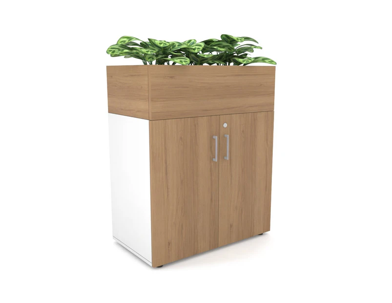 Uniform Small Storage + Planter Box [800W x 975H x 428D] - White, salvage oak, silver handle