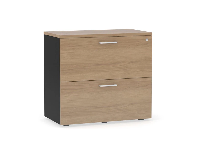 Uniform Small Drawer Lateral Filing Cabinet [ 800W x 750H x 450D] - Black, salvage oak, white handle