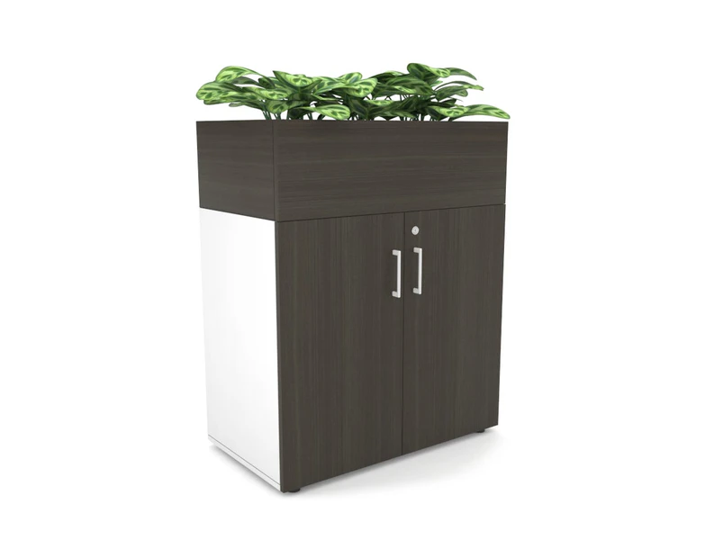 Uniform Small Storage + Planter Box [800W x 975H x 428D] - White, dark oak, white handle