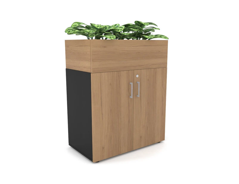 Uniform Small Storage + Planter Box [800W x 975H x 428D] - Black, salvage oak, silver handle