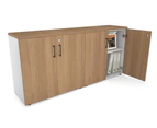 Uniform Small Storage Cupboard [1600W x 750H x 350D] - White, salvage oak, black handle