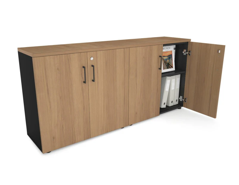 Uniform Small Storage Cupboard [1600W x 750H x 350D] - Black, salvage oak, black handle