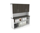 Uniform Small Open Bookcase - Hutch with Doors [1600W x 750H x 450D] - White, dark oak, silver handle