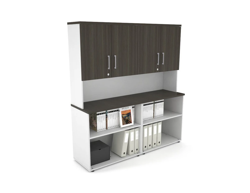 Uniform Small Open Bookcase - Hutch with Doors [1600W x 750H x 450D] - White, dark oak, silver handle
