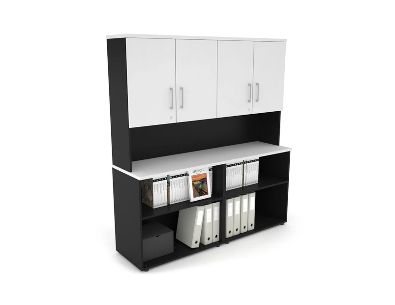 Uniform Small Open Bookcase - Hutch with Doors [1600W x 750H x 450D] - Black, white, silver handle