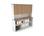 Uniform Small Open Bookcase - Hutch with Doors [1600W x 750H x 450D] - White, salvage oak, silver handle