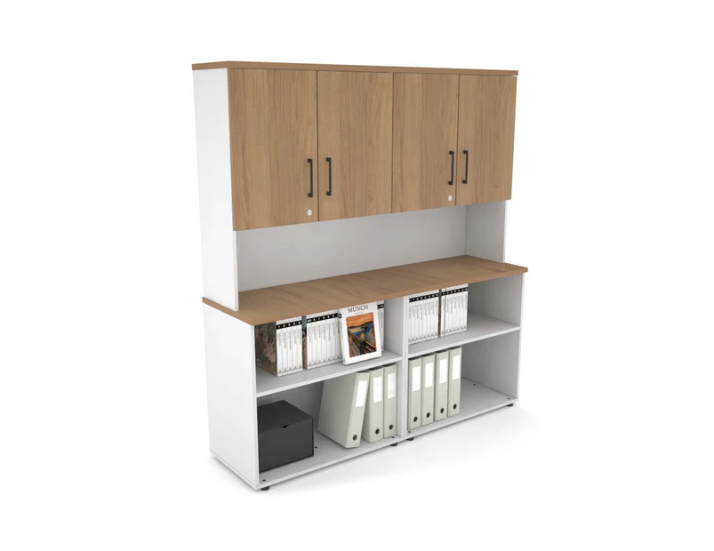 Uniform Small Open Bookcase - Hutch with Doors [1600W x 750H x 450D] - White, salvage oak, black handle
