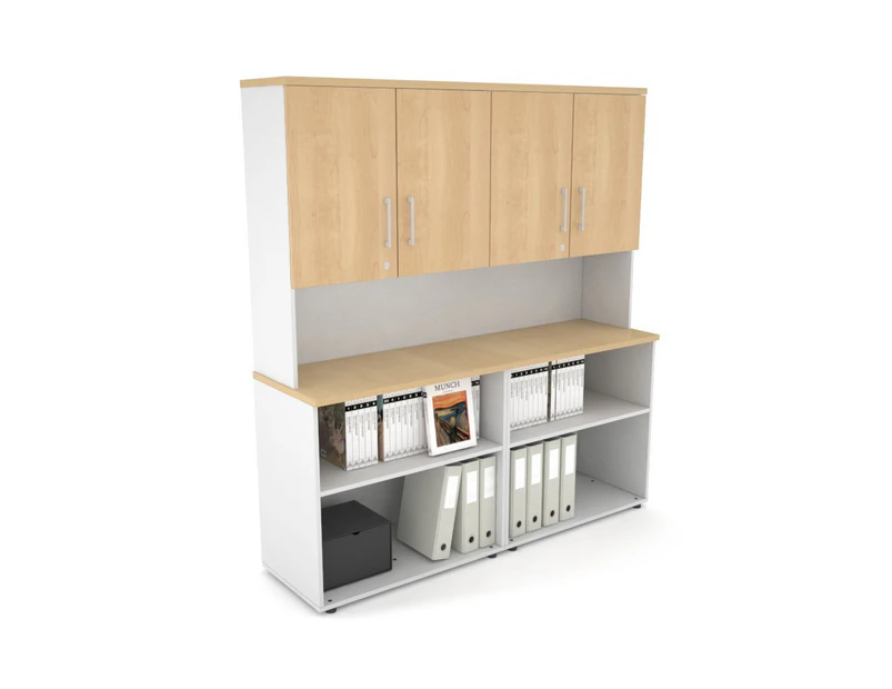 Uniform Small Open Bookcase - Hutch with Doors [1600W x 750H x 450D] - White, maple, white handle