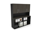 Uniform Small Open Bookcase - Hutch with Doors [1600W x 750H x 450D] - Black, dark oak, silver handle