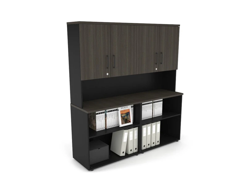Uniform Small Open Bookcase - Hutch with Doors [1600W x 750H x 450D] - Black, dark oak, black handle