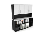 Uniform Small Open Bookcase - Hutch with Doors [1600W x 750H x 450D] - Black, white, black handle