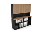 Uniform Small Open Bookcase - Hutch with Doors [1600W x 750H x 450D] - Black, salvage oak, silver handle