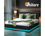 Oikiture RGB LED Bed Frame Queen Size Gas Lift Base With Storage Black Leather - Black