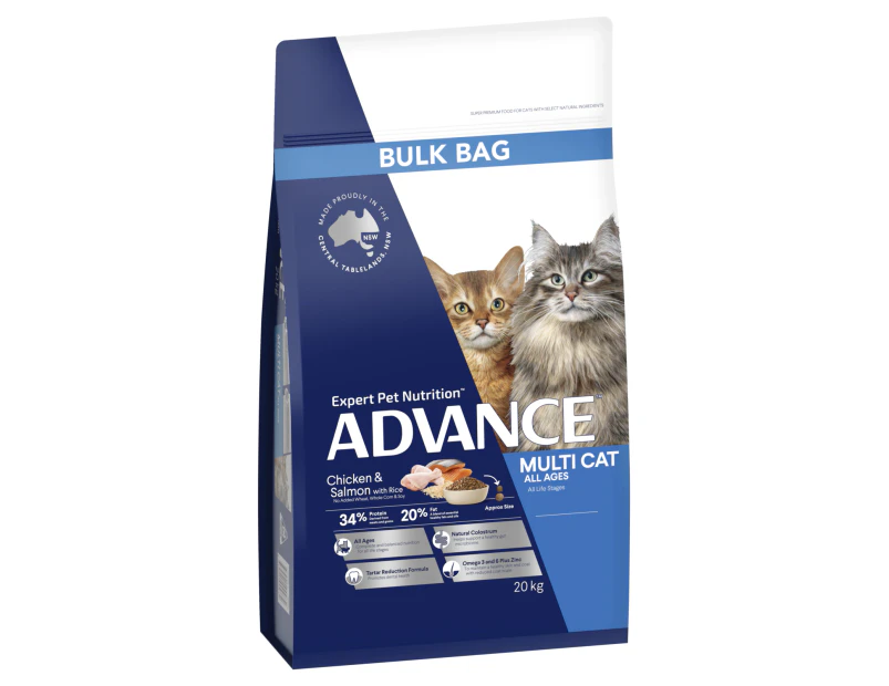 Advance Multi Dry Cat Food Chicken Salmon w Rice Bulk 20kg